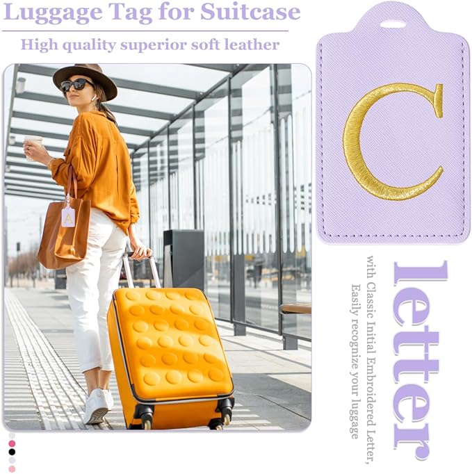 Personalized Initial Luggage Tags for Suitcases,Leather Letter Cute Luggage Tags with Privacy Name Card,Embroidered Monogrammed Travel Bag Backpack Tag Gifts for Women Kids Girls Teens(Purple-C)