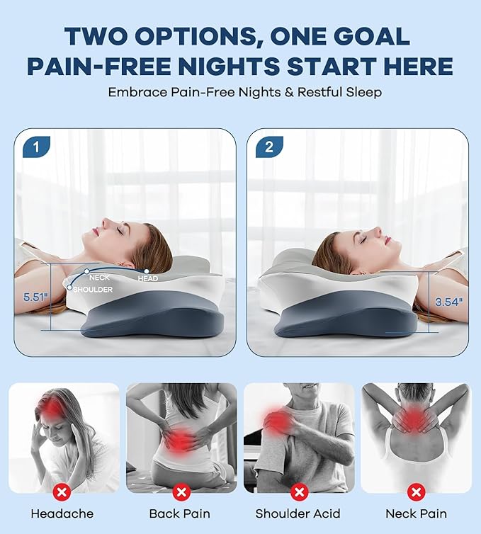 DONAMA Cervical Pillow for Neck and Shoulder Pain Relief, Cooling Contour Memory Foam Pillow, Dual-Height Ergonomic Neck Support Pillow for Side Back Stomach Sleepers with Removable Pillowcase