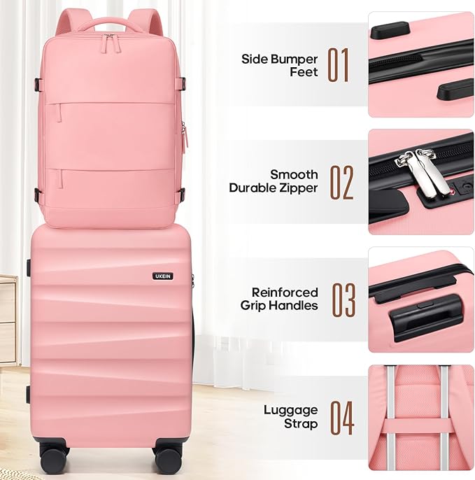 UKEIN Luggage Set with Backpack,Polycarbonate Carry On Luggage Airline Approved with Spinner Wheels, Hardshell Travel Suitcase with TSA Lock,Suitcase Set 3 Piece