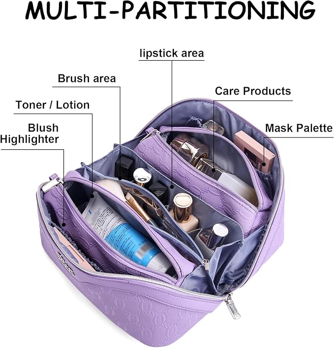 BOYATU Travel Makeup Bag for Women: Cosmetic Organizer Bag with Compartments - Leather Make up Bags Set of 3 (G-1-Purple)
