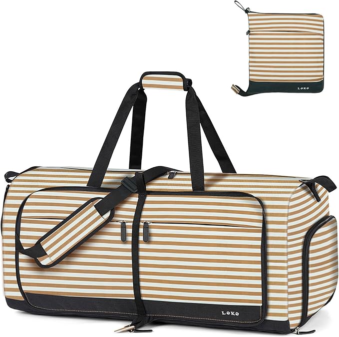 Lekesky Foldable Travel Duffle Bag for Women, Large Duffel Bag with Separate Shoes Compartments & Straps, Carry On Weekend Bag for Women, Hospital, Overnight (Stripe & Beige, 80L)