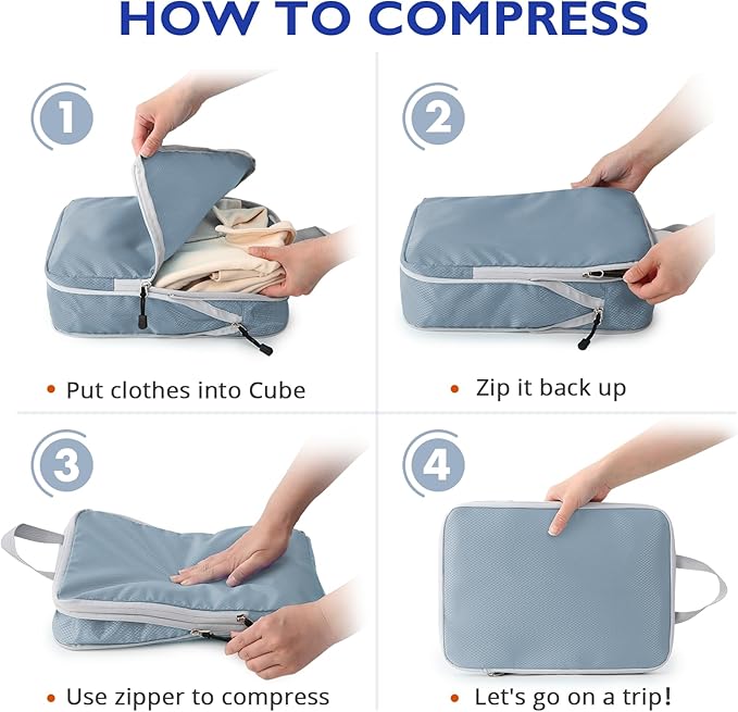 Compression Packing Cubes, 10 Set Packing Cubes for Travel Compression, Lightweight Compressible Package Organizer for Carry On and Suitcases, LakeBlue and Grey