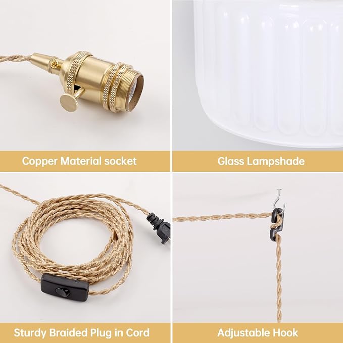 Shenmoyl Plug in Pendant Light Hanging Light Fixtures with Plugin Cord On/Off Switch,White Striped Glass Lampshade Brass Pendant Light