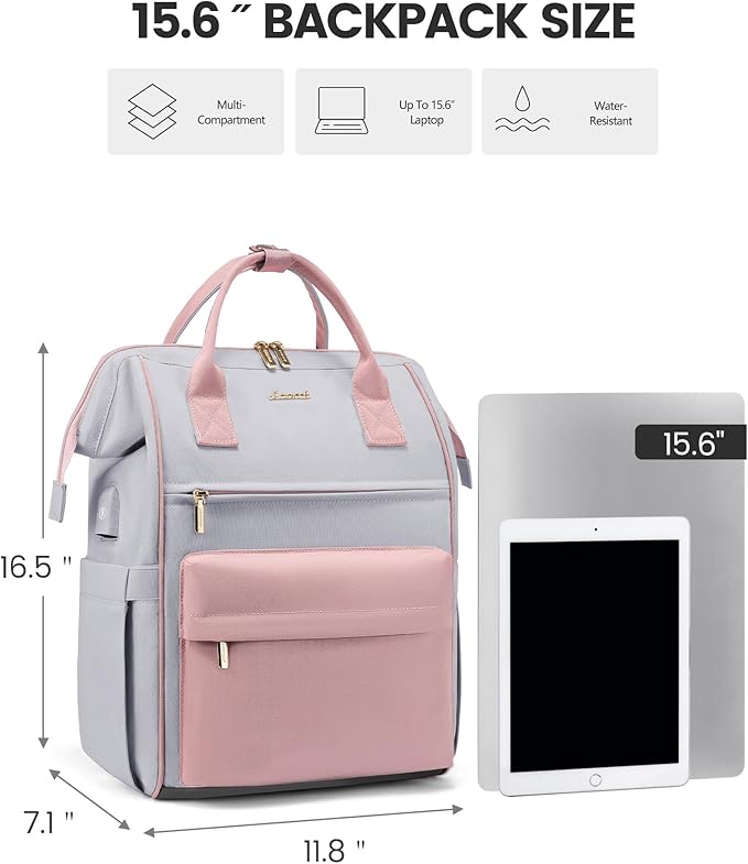LOVEOVOOK 15.6 Inch Laptop Backpack for Women, Large Capacity Travel Backpack with USB Charging Port, Waterproof Work Backpack for Business, College, Nursing & Airline Travel,Pink&Gray