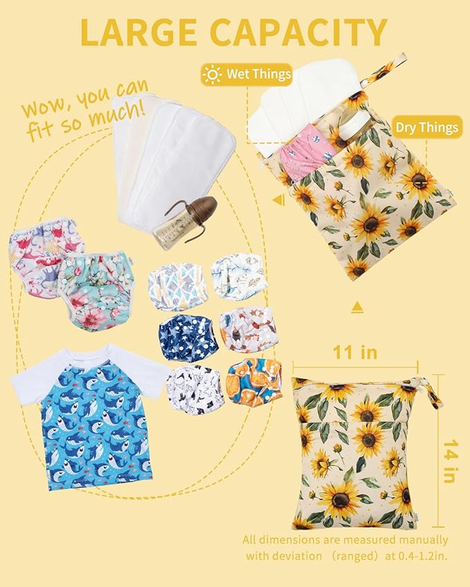 babygoal Wet Dry Bags 3 Pack, Waterproof Travel Bags for Swimsuits, Beach, Pool, Gym,Food Storage and Wet Clothes(Sunflower,Lemon,Stripe),3LN43-B