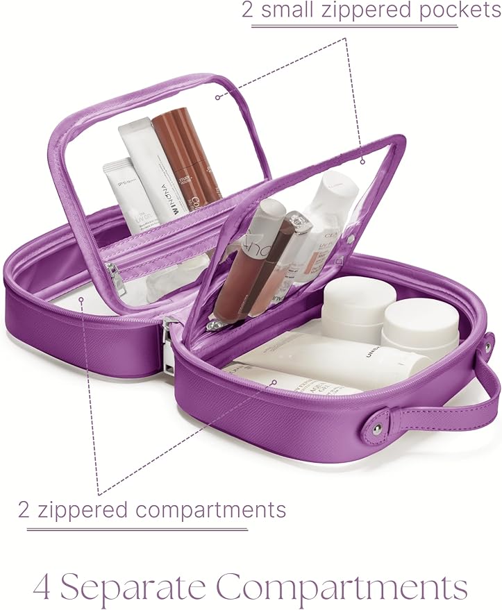 Clear Cosmetic Bag Double Layer Travel Toiletry Bag Clear Makeup Bag Case with 4 Compartments, Transparent Travel Bag for Toiletries, Large Toiletry Bag for Women Cosmetic Case (Purple, Small)