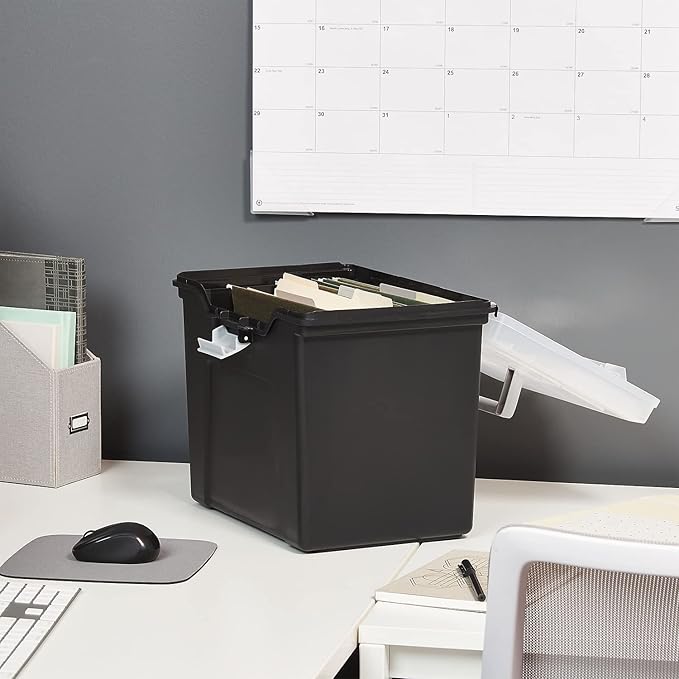 STAPLES File Folder Tote, Portable Filing Box for Letter SIze Hanging Folders, Security Latch & Built-In Lid Organizer, Black/Clear