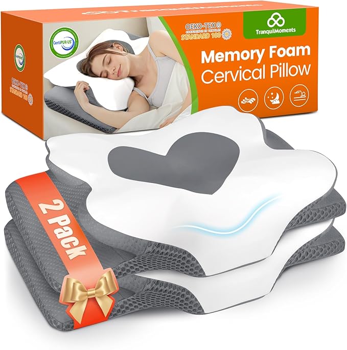 Cervical Neck Pillow for Sleeping, Memory Foam Pillow for Neck Support, Set of 2 Ergonomic Pillow for Pain Relief, Contour Bed Pillow for Side Back Stomach Sleepers, Grey Standard Size