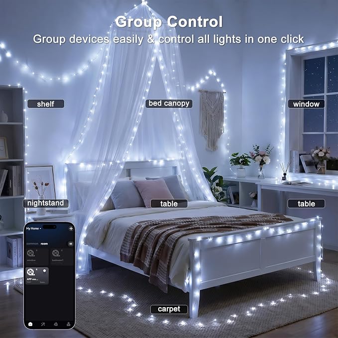 OMIKA Fairy Lights Plug in, 66FT 200 LED Smart String Lights Plug in with Remote & APP Controlled, Warm White + RGB Music Sync Timer, Twinkle Lights for Bedroom Classroom Holiday Christmas Decor