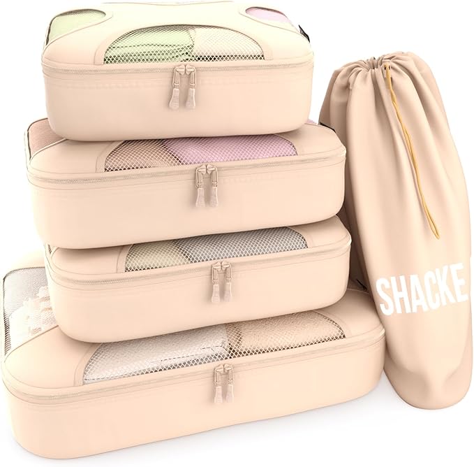Shacke Packing Cubes for Travel 5 Set - Compression Luggage Organizer Bags - Versatile Travel Organizer for Women and Men - Optimized Packing Bags - Travel Essentials (Cream)