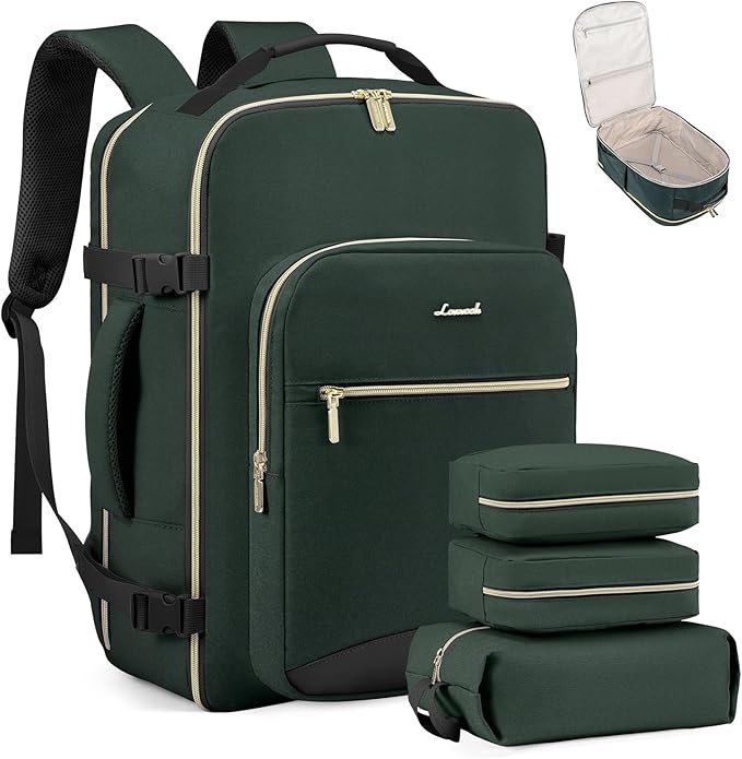 LOVEVOOK Travel Backpack for Women & Men 40L,Airline Approved Carry On Backpack Travel Essential,TSA Carry on Luggage,Waterproof Personal Item Travel Bag,Suitcase with Packing Cubes,Dark green-Black-1