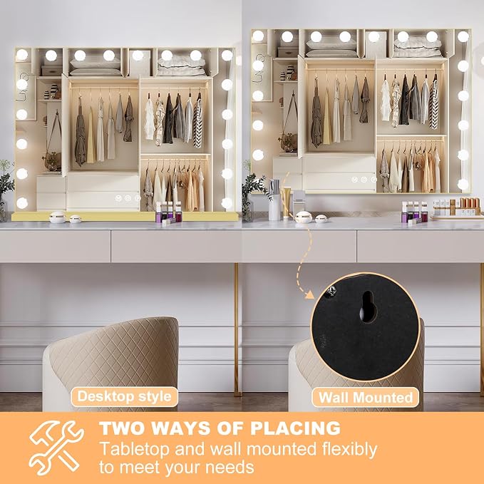 Moonee Vanity Mirror with Lights, Gold Hollywood Lighted Makeup Mirror with 18 Dimmable Bulbs and 10X Magnification, 3 Colors Modes, Aluminum Metal Frame, Light Up Mirror for Tabletop/Wall（32" x 24"）