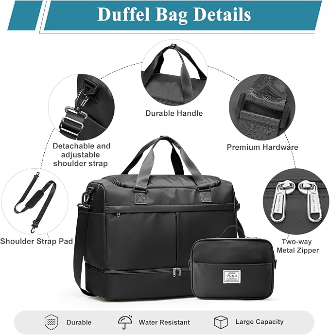 Large Travel Duffel Bag, Weekender Bag for Women with Shoe Compartment & Toiletry Bag, Overnight Carry on Bag for Travel, Gym, Hospital, Business,Black