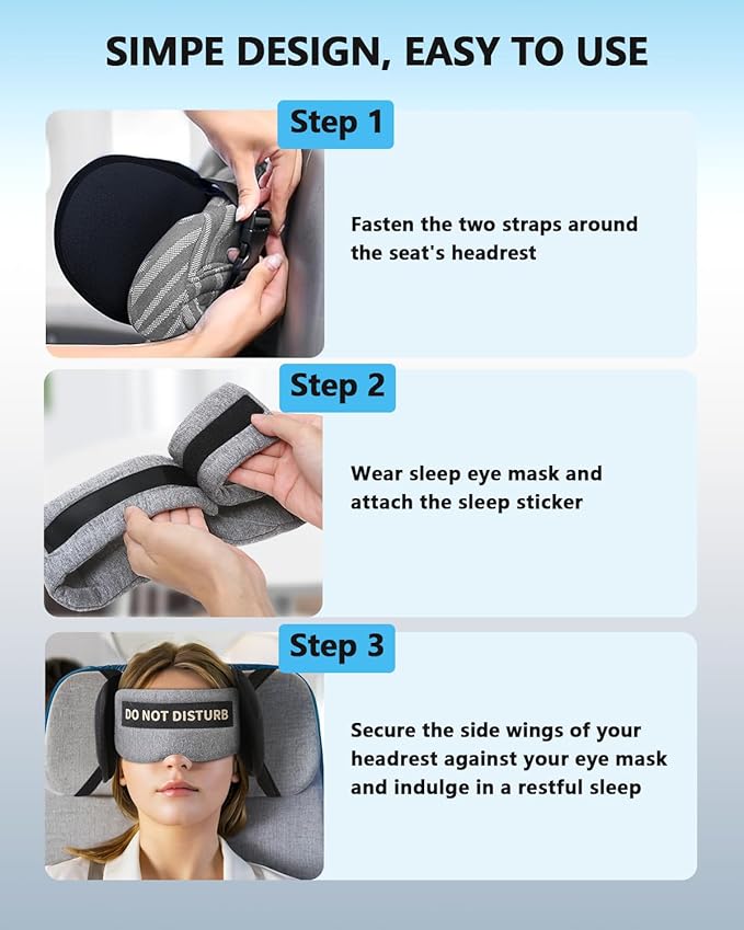 Travel Pillows for Airplanes, Airplane Head Strap with Eye Mask for Long Flight Sleeping Travel, 360° Support Neck Pillow for Plane Car Road Trips Seat Sleep, No Bobblehead (White)