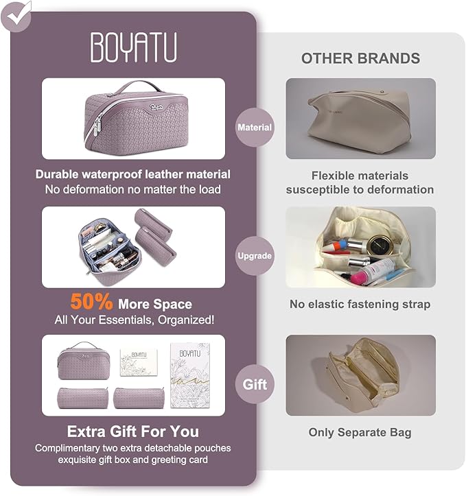 BOYATU Travel Makeup Bag Cosmetic Bags for Women: Large Capacity 3 Pcs Set Make up Bag with Compartments - Waterproof Vegan Leather Toiletry Organizer Bags with Handle (L55Light Purple)