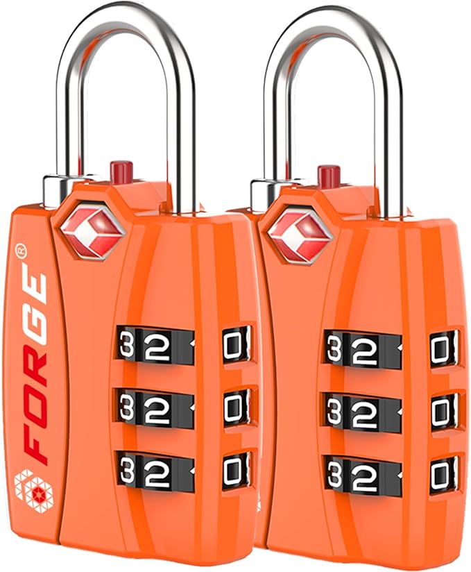 Forge Open Alert TSA Approved Luggage Locks - 3 Digit Combination, Easy Read Dials, Zinc Alloy Body - Ideal Travel Lock for Luggage, Suitcases, Bags & Toolboxes (Orange 2 Locks)