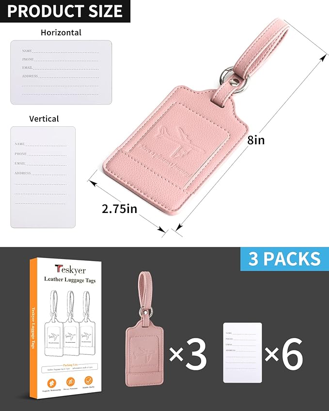 3 Pack Luggage Tags - Quick Install, Privacy Protection, Airplane Travel Essentials for Suitcases, Durable Leather - Lichee Dark Pink