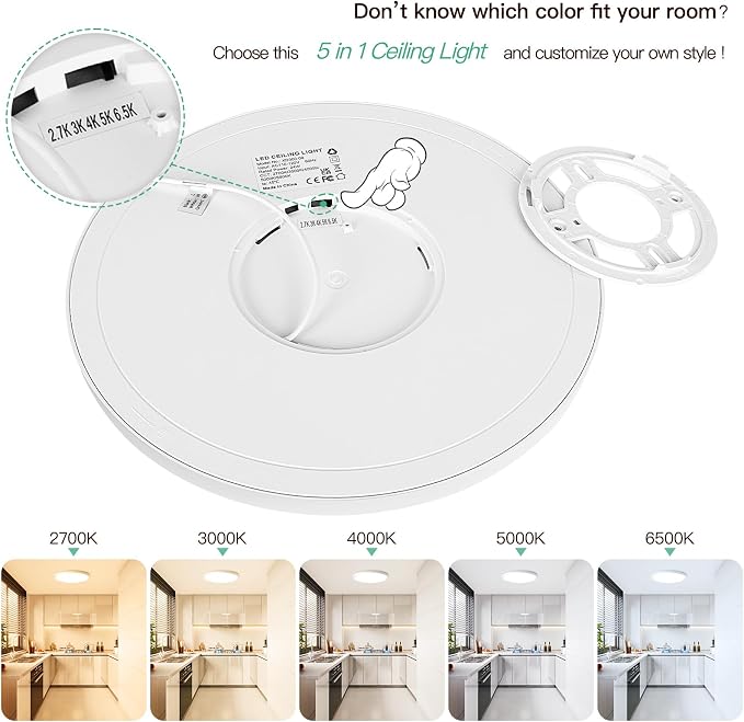 12 Inch LED Flush Mount Ceiling Light Fixture, Dimmable, 3200LM | 24W 2700K/3000K/4000K/5000K/6500K Selectable Super Slim Low Profile Ceiling Lamp for Kitchen, Bedroom, Closet, White 6Pack