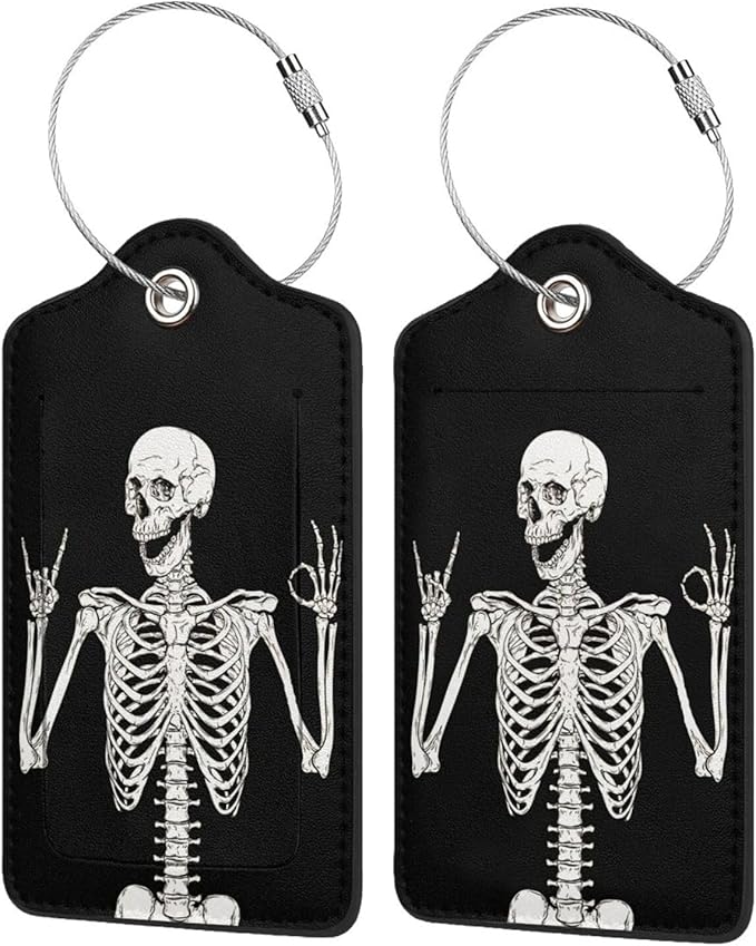Skull Rock Roll 2 Pack Luggage Tag for suitcases skeleton Travel PU Cute Leather Luggage Tag Name ID Labels with Privacy Cover Suitcases Women Men Girls Boys Fun Laggage Tags (skeleton)