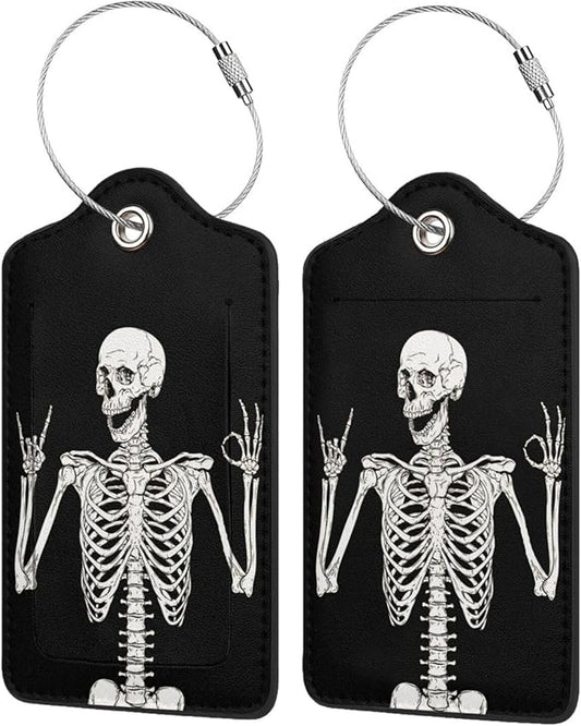 Skull Rock Roll 2 Pack Luggage Tag for suitcases skeleton Travel PU Cute Leather Luggage Tag Name ID Labels with Privacy Cover Suitcases Women Men Girls Boys Fun Laggage Tags (skeleton)