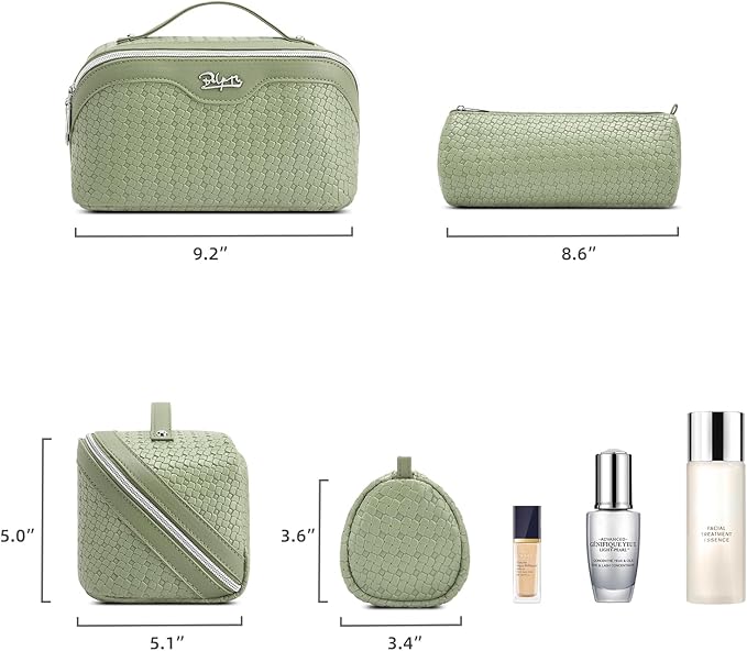 BOYATU Travel Makeup Bag Cosmetic Bags for Women: Large Capacity 3 Pcs Set Make up Bag with Compartments - Waterproof Vegan Leather Toiletry Organizer Bags with Handle (L51Grass Green)