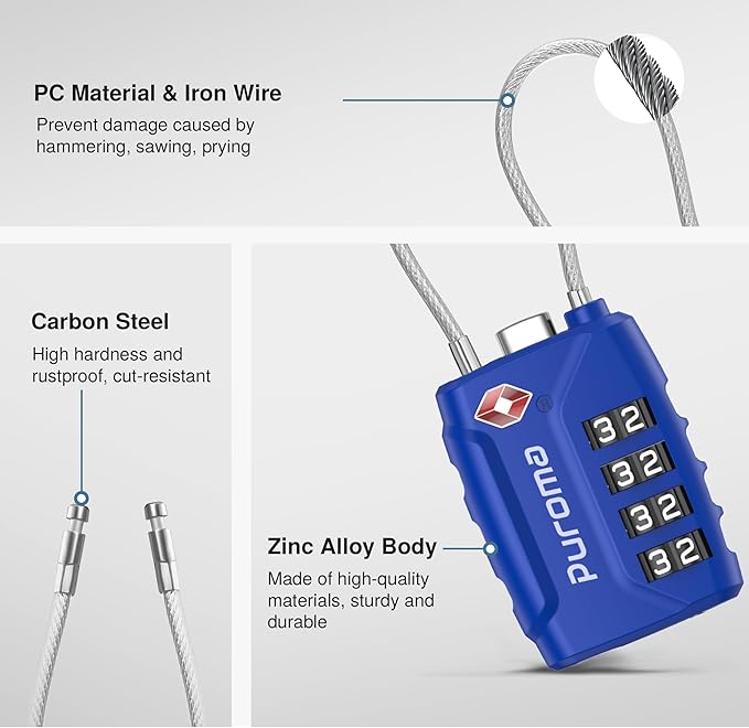 Puroma 2 Pack TSA Approved Luggage Locks, 4 Digit Combination Travel Cable Locks Resettable Code Lock with Zinc Alloy Body for Suitcase, Toolbox, Backpack, Bag, Gym Locker (Basic Blue)