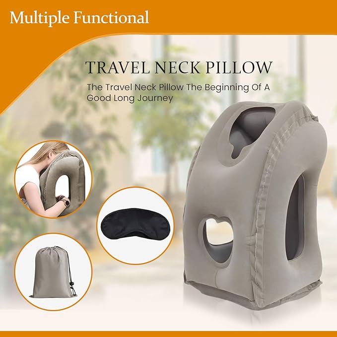Inflatable Travel Pillows for Airplane, Blow Up Neck Pillow for Sleeping for Long Flight Support Neck,Head & Shoulder, Used for Travelling Car/Airplane/Office Nap-Comes with Eye Mask and Earplugs_Gray