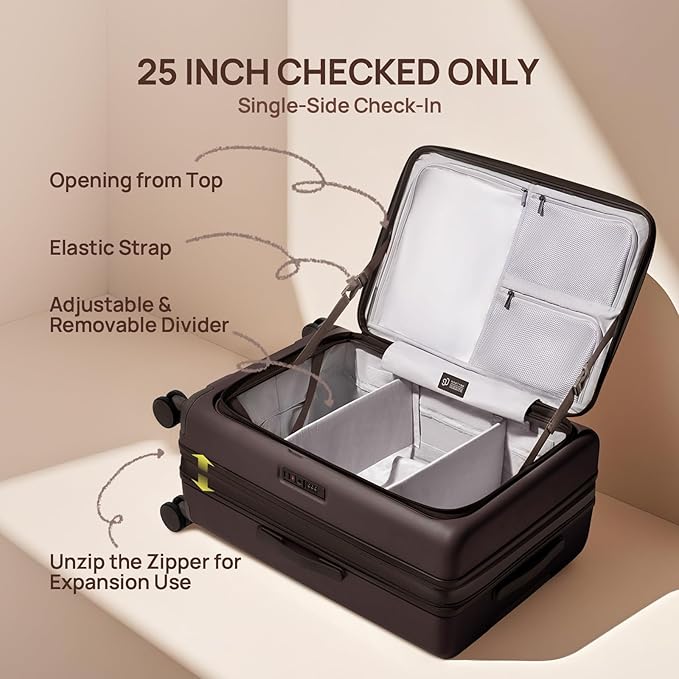 NINETYGO Medium Checked Luggage 25 Inch, Flat Top Opening Check In Luggage with Cup Holder, Expandable, Coffee-Infused PC Hard Shell, Eco-Friendly, TSA Lock, 360° Spinner Wheels (Flat White)