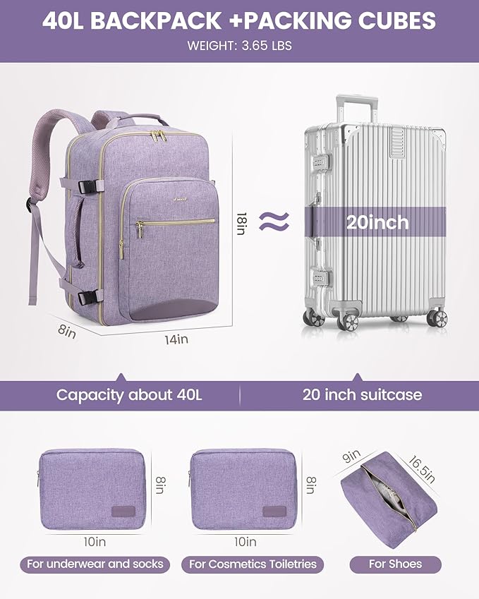 LOVEVOOK Travel Backpack for Women & Men 40L,Airline Approved Carry On Backpack Travel Essentials,TSA Carry on Luggage,Waterproof Personal Item Travel Bag,Suitcase with 3 Packing Cubes,Taro Purple