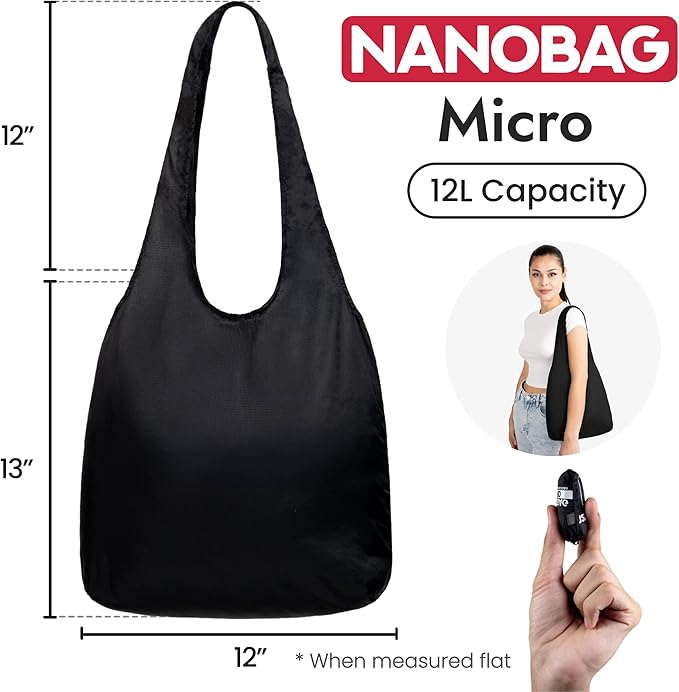 Nanobag Ultralight Foldable Tote for Women & Men, Reusable Grocery & Travel Bag, Packable Collapsible Compact Market Essential (Micro Black)