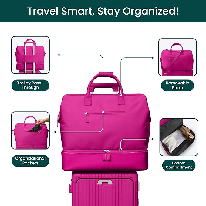 NOBL Travel Weekender Bag for Women & Men, Large Duffel Carry-On Tote with Trolley Sleeve, Separate Shoe Compartment & Laptop Pocket, Leather Overnight Bag for Airplane, Gym, Road Trips - Hot Pink