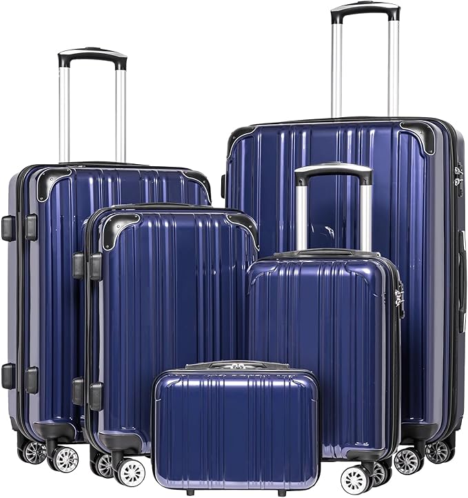 Coolife Luggage Sets, 5 Piece Durable Suitcase, Lightweight Carry on Luggage with PC+ABS Hardshell, Dual Spinner Wheels, TSA Lock and YKK Zipper (navy new, 5 piece set)
