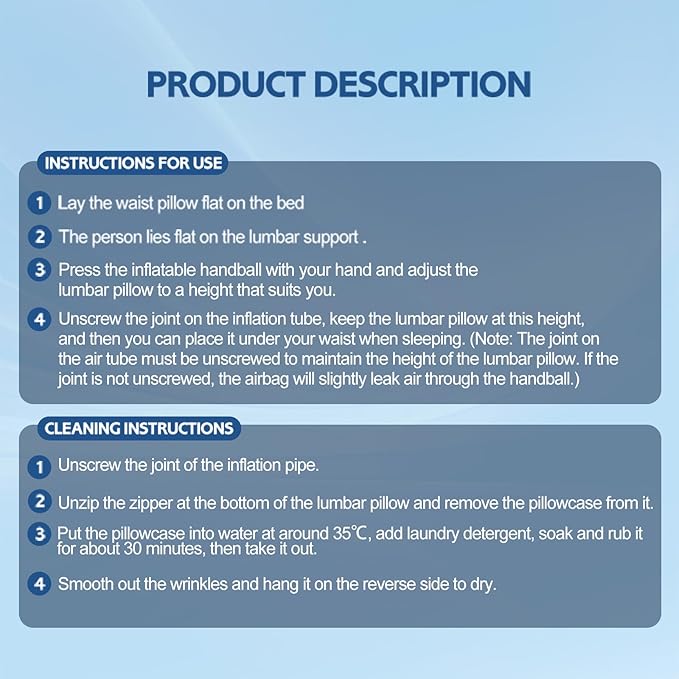 Inflatable Blow up Lumbar Support Pillow for Bed - Memory Foam Lower Back Pillow for Sleeping in Bed - Back Pain Relief While Sleep