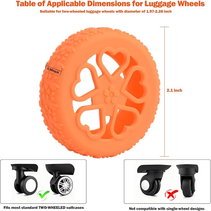 Luggage Wheel Protector, 8PCS Sakura Love Design - Premium Silicone Protectors for 2-2.4" Spinner Wheels Anti-Slip, Ultra-Quiet & Wear-Resistant Travel Accessories (Orange)