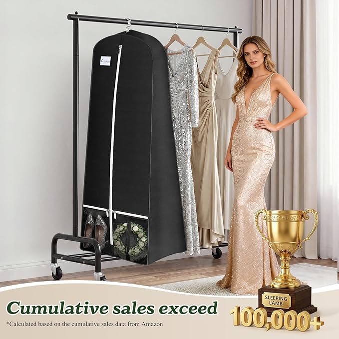 SLEEPING LAMB 72'' Bridal Wedding Gown Dress Garment Bag 15'' Gusseted Garment Cover Shoe Pockets Travel Garment Storage Bag for Prom, Evening Gowns, Black