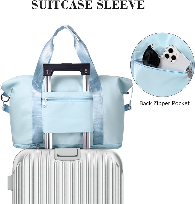 Travel Duffel - Large Shoulder Weekender Overnight Carry on With Wet Pocket, Waterproof Expandable Bag With Trolley Sleeve, Sports Tote Gym for Women, Blue
