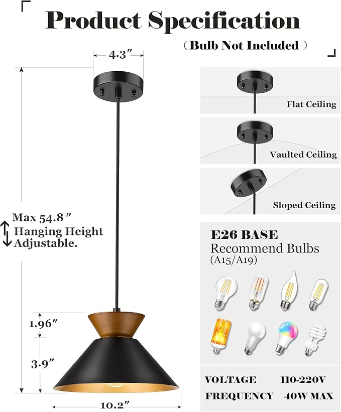 ELYONA Modern Pendant Light Kitchen Island, 10" Solid Wood Hanging Lamp with Matte Black Metal Shade & Gold Inner Finish, Farmhouse Pendant Light Fixtures for Dining Room Bedroom Living Room Hallway
