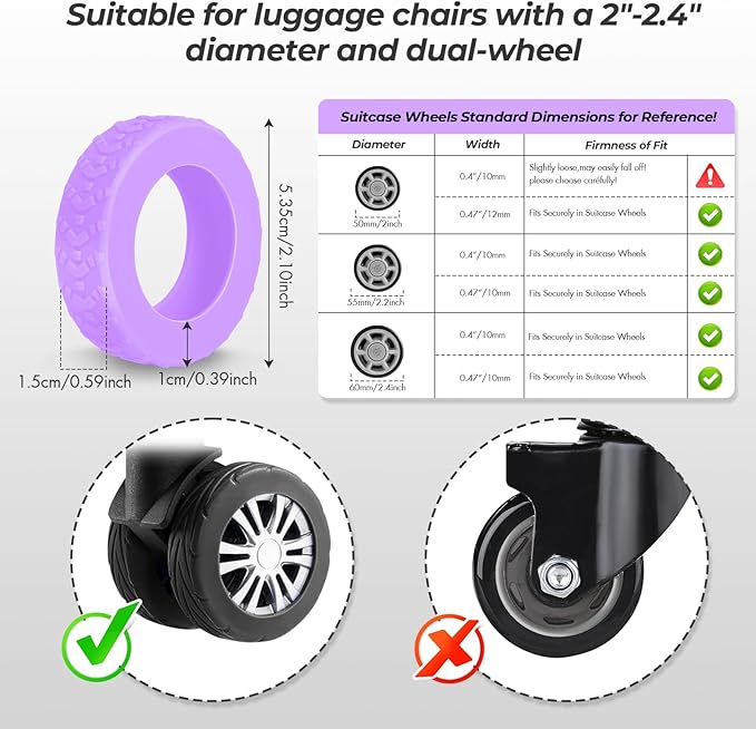 8-Piece Silicone Luggage Wheel Covers-For Dual-Row Spinner Wheels (2.0"-2.4") Diameter Only-Reduces Noise and Prevents Scratches-Designed for Wheels with a Top Clearance Greater Than 0.12"(Purple)