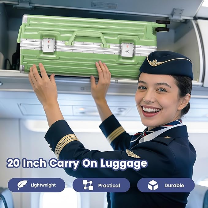 20 Inch Carry On Suitcase, Aluminum Frame Zipperless Hard Shell Luggage with Spinner Wheels, TSA Lock, USB Charging Port, Phone Holder, Cup Holder for Business Travel and Trips, Fruit Green