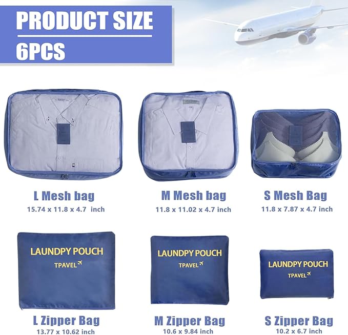 6 Set Packing Cubes for Travel Luggage Packing Bags Reusable Waterproof Suitcase Organizer Bags Set with Shoe Bag and Toiletry Bag (Navy Blue)