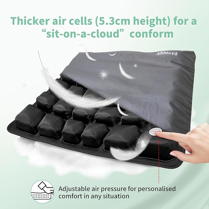 3D Air Inflatable Seat Cushion for Wheelchair & Office Chair - Adjustable Firmness Pad for Sciatica, Tailbone & Lower Back Pain Relief - Breathable, Anti-Slip, Washable Cover (18x16)