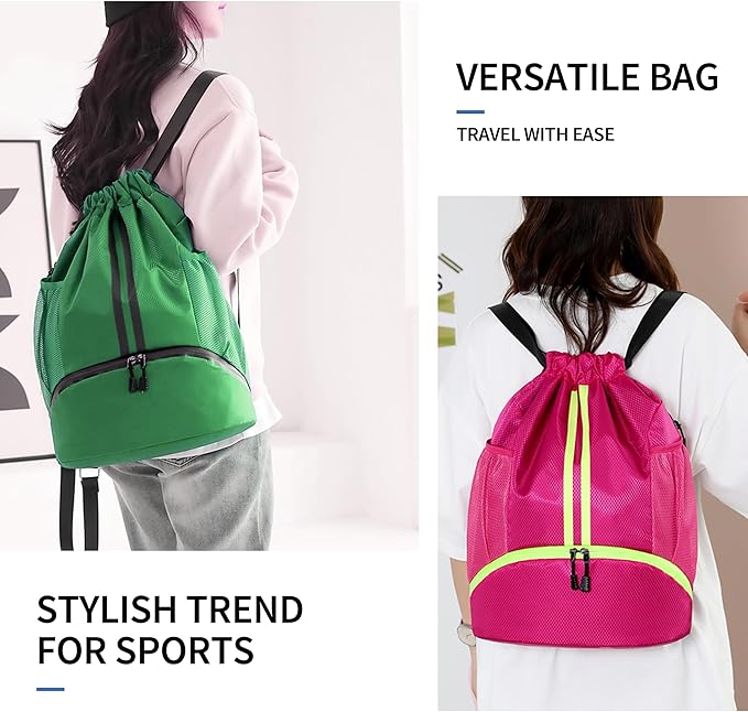 Drawstring Backpack Gym Bag with Shoes Compartment for Soccer, Basketball, Swim, Water-Resistant String Backpack Beach Cinch for Women Men, Rose