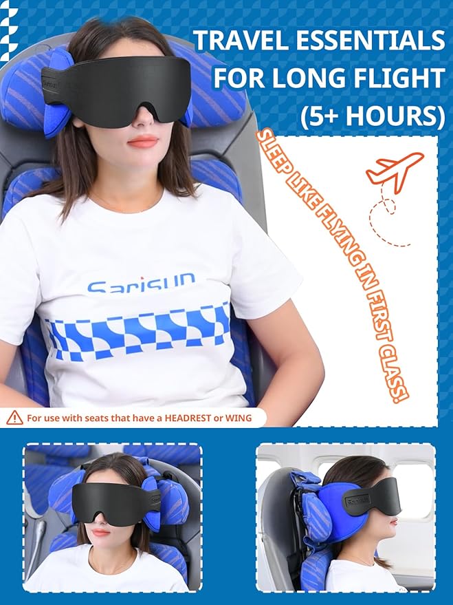 Travel Pillows for Airplanes, Airplane Pillow for Long Flight, Airplane Head Strap with Eye Mask for Sleep, Travel Neck Pillow for Car Road Trip, 360° Support Headrest, Stop Bobblehead, Pink