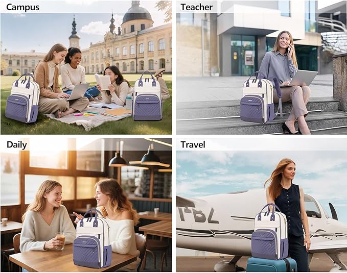 Laptop Backpack for Women Work Bag - 15.6 inch Travel Backpack Purse with USB Charger College Bookbag Waterproof Cute Casual Daypack Business Computer Backpacks for Teacher Nurse Beige Light Purple