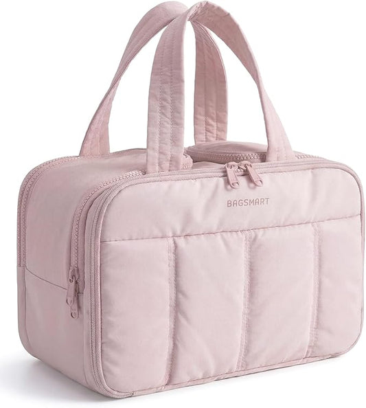 BAGSMART Travel Toiletry Bag, Puffy Large Toiletry Bag for Women, Lightweight Cosmetic Makeup Bag Organizer with Handle for Traveling, Accessories, Essentials, Toiletries (Pink)