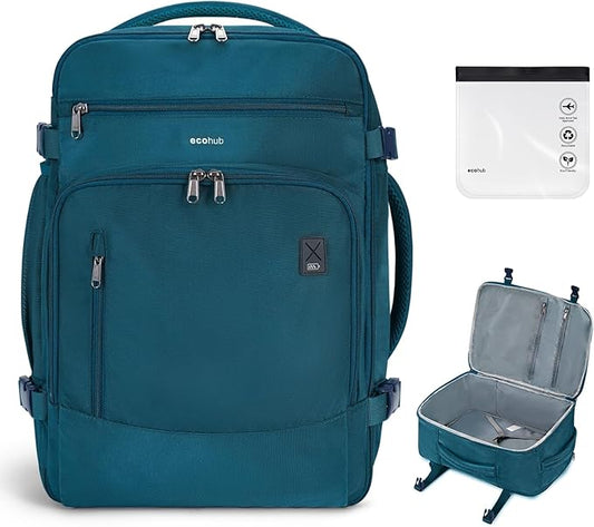 ECOHUB Travel Backpack for Women, 18x14x8 Spirit Airlines Personal Item Bag with Clear Toiletry Bag, Laptop Carry on Backpack with USB Port, Airline Approved Under Seat 14 Pockets, Blue Green