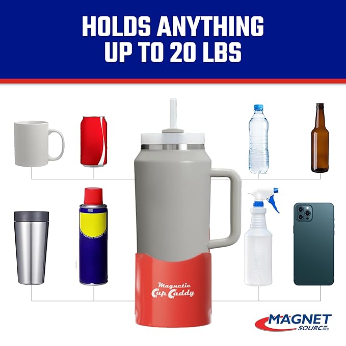 Master Magnetics Magnetic Cup Holder - Caddy for Bottles, Glasses, and Cans - Fits on Fridge, Lawnmower, Forklift, Cart, or Ladder - Heavy-Duty Magnet