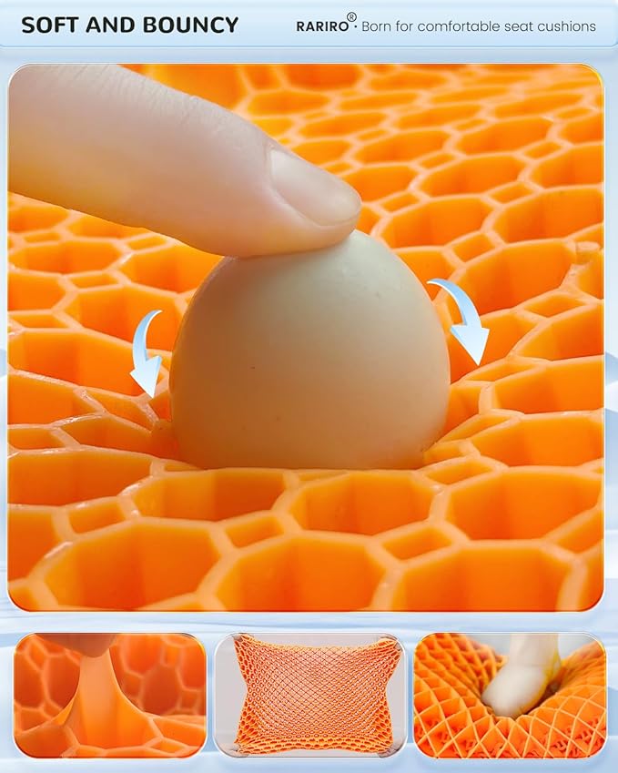 Thickened Gel Seat Cushion, Egg Gel Chair Pads for Wheelchair Pressure Coccyx Sciatica Pain Relief, Cooling Desk Seat Cushion for Kayak, Car, Office Chair Long Sitting[Orange-2.75"]