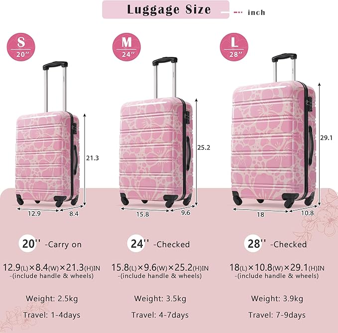 Merax Luggage Sets 3 Piece, Hardside Suitcase Set with Spinner Wheels, Lightweight 20+24+28 IN Suitcase with Carry on Luggage,Pink