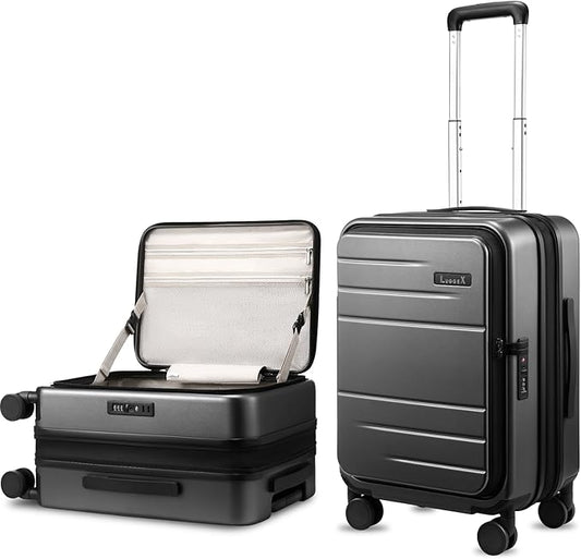LUGGEX Carry On Luggage Top Opening, FLT Expandable Polycarbonate Hard Shell Suitcase with Wheels (FX-Lite, Charcoal Metallic, 20 Inch, 36L-41L)